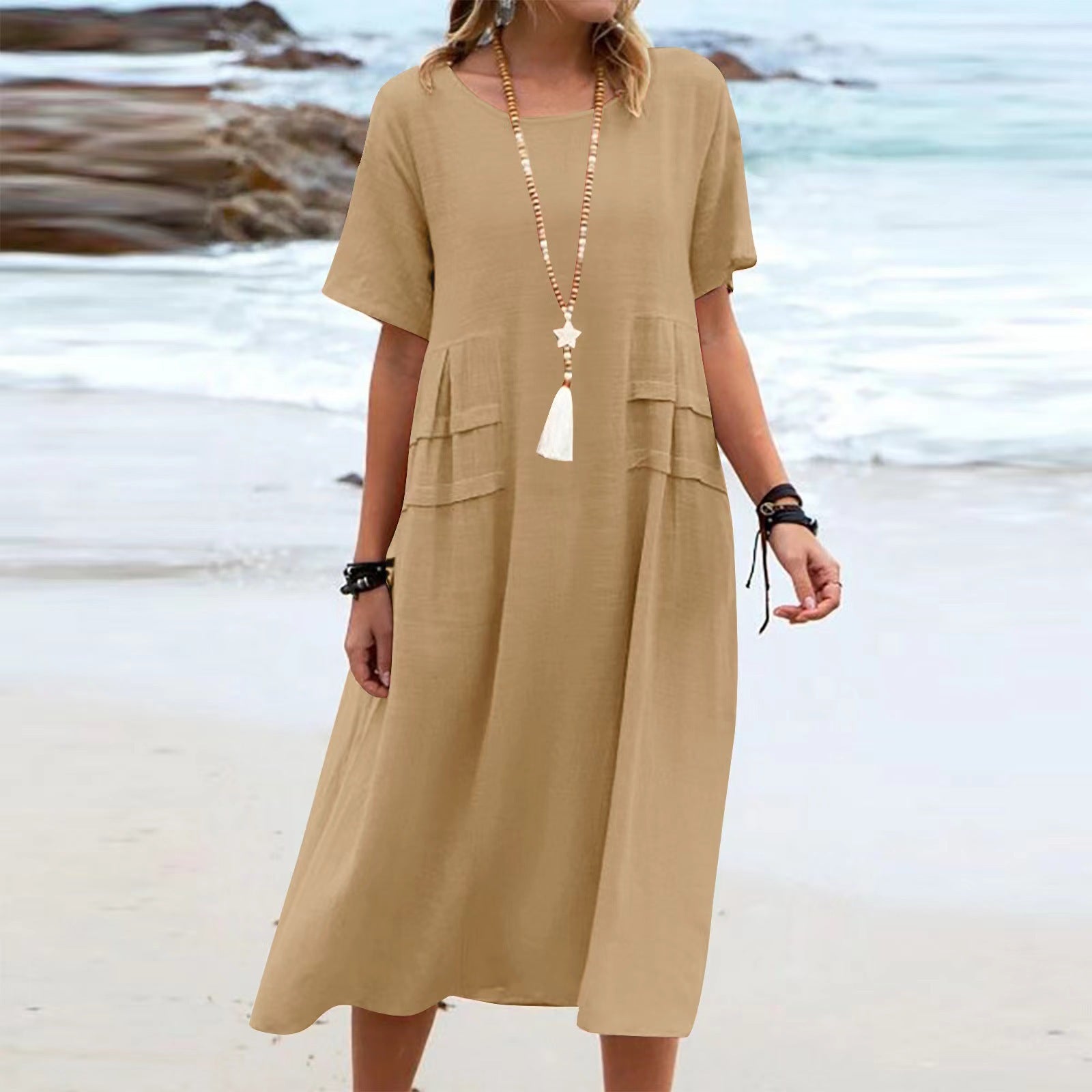 Women's Summer Loose Casual Midi Dress Breathable Cotton Linen Short-sleeve Mid-length Dresses Women Simple Beach Dress