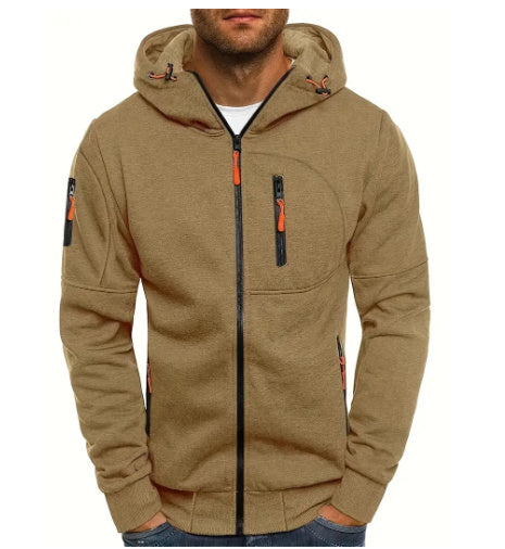Men's Casual Zipper Hooded Sweater Solid Color Sports Fitness Jackets Cardigan