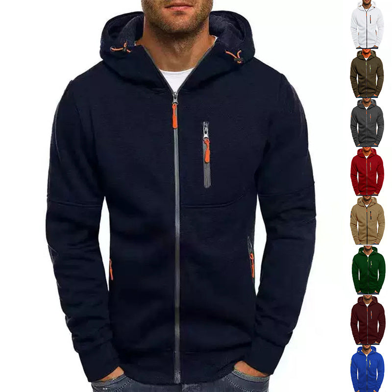 Men's Casual Zipper Hooded Sweater Solid Color Sports Fitness Jackets Cardigan