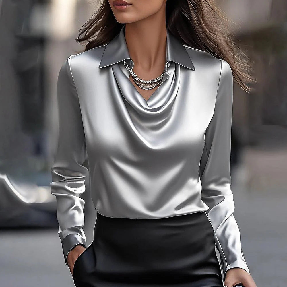 Women's Swing Collar Draped Shirts & Blouses Elegant Solid Satin Office Ladies Top Pullover Spring Long Sleeve Casual Tops